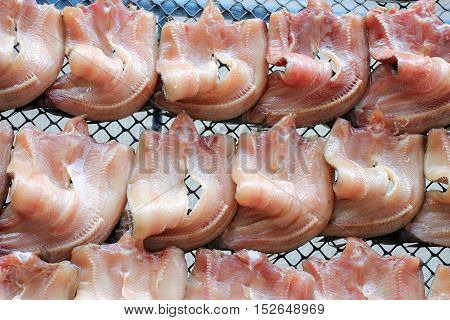 Striped Snakehead Fishes Dried In The Sun For Sell In Open Market, Thai Market Store.