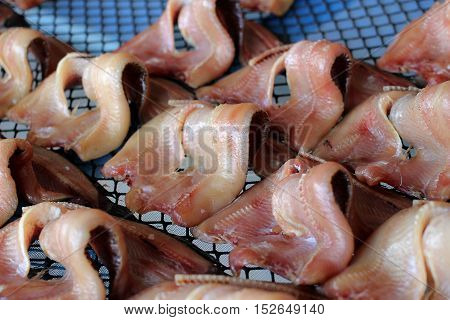 Striped Snakehead Fishes Dried In The Sun For Sell In Open Market, Thai Market Store.