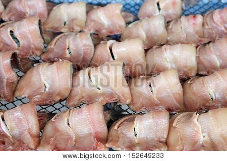 Striped Snakehead Fishes Dried In The Sun For Sell In Open Market, Thai Market Store.