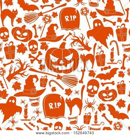Seamless pattern of Halloween icons on a white background. Vector stock illustration.