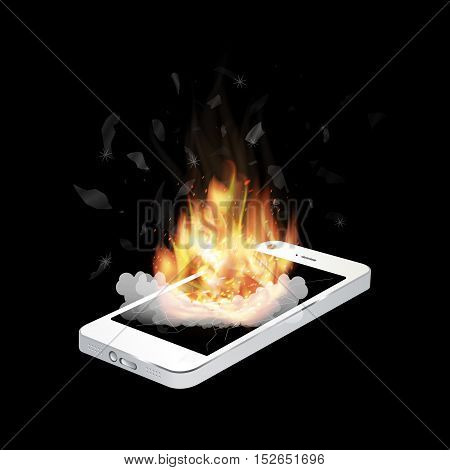 broken smartphone explosion with burning fire vector