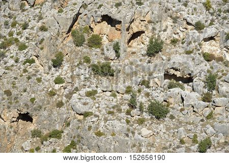 Rock Details & Caves Peristerona Gorge above Polis Cyprus Also known as Gorge of the Eagles and Atichoulli Gorge