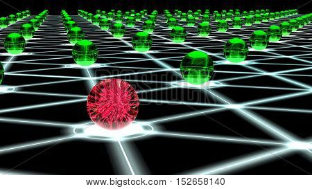 Glowing hexagon network with green glass nodes and one sphere filled with a red virus cybersecurity concept 3D illustration