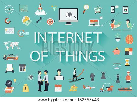Internet of things paper text with long shadow and business flat icons. Banner template - Stock vector