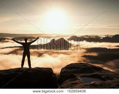 Happy Man With Open Raised Arms Gesture Of Triumph. Satisfy Hiker Silhouette