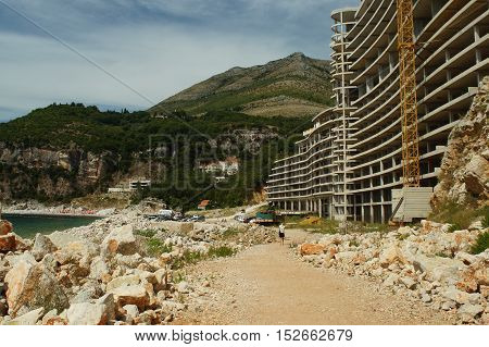 Construction Of The Hotel In The Rock By The Sea