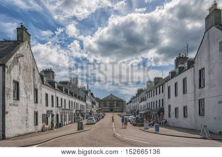 INVERARAY SCOTLAND - JULY 8 2013: Main street in Inveraray the traditional county town of Argyll and ancestral home to the Duke of Argyll.
