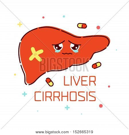 Liver cirrhosis awareness poster with sad cartoon liver character on white background. Human body organs anatomy icon. Human internal organ symbol. Medical concept. Vector illustration.