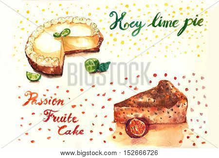 Key Lime Pie And Passion Fruit Cakes Watercolor Illustration