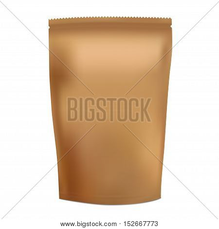 Golden Blank Foil Food Snack Sachet Bag Packaging For Coffee, Salt, Sugar, Pepper, Spices, Sachet, Sweets, Chips, Cookies. Illustration Isolated. Mock Up Template Ready For Your Design. Vector EPS10