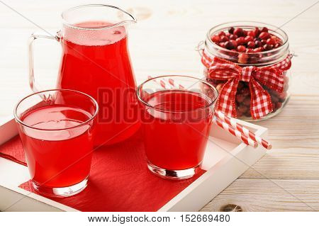 Cranberry kissel in glasses on white table.