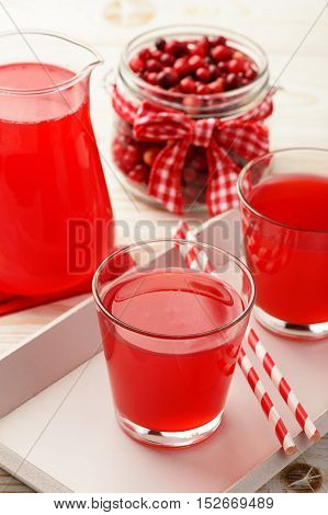 Cranberry kissel in glasses on white table.