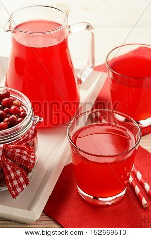 Cranberry kissel in glasses on white table.