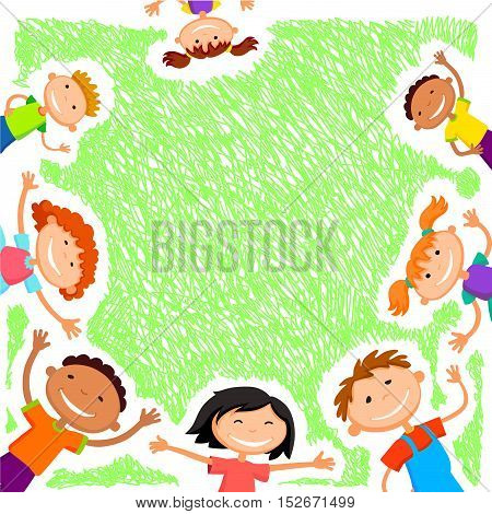 Colorful template for advertising brochure with a group of cute happy cartoon kids playing green background