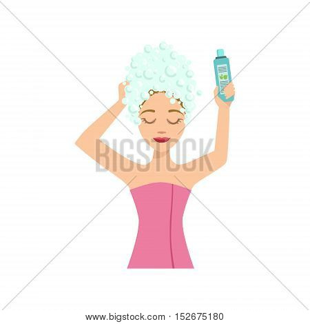 Woman Washing The Hair Home Spa Treatment Procedure. Isolated Portrait In Simple Cute Vector Design Style On White Background