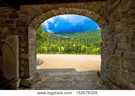 Stone town gate of Roc and landscape of Istria Croatia