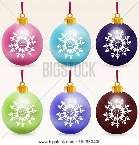 Very high quality original trendy realistic vector multicolor christmas balls with snowflakes