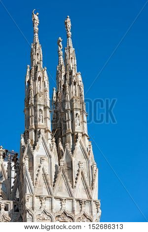 Detail of the facade of the Duomo di Milano (Milan Cathedral 1418-1577). Church monument symbol of Lombardy and of Italy