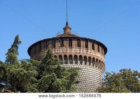 Detail of the Torrione di Santo Spirito (Tower of Holy Spirit) Sforza Castle XV century (Castello Sforzesco). Milan Lombardy Italy