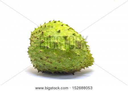 Soursup or soursop isolated on white background. Guyabano photo in lightbox. Unusual tropical fruit with green color and needle skin. Sweet tropical dessert. Sugar apple exotic fruit. Eatable pine