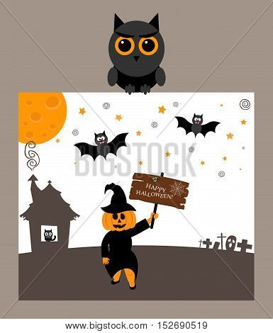 Owl is holding postcard.Modern flat design.Pumpkin, bat, moon and inscription happy Halloween.