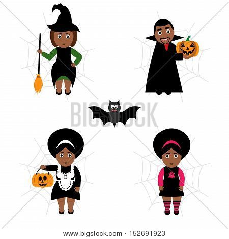 Vector set of Halloween in cartoon style.Dark-skinned people in holiday costumes. Modern flat design