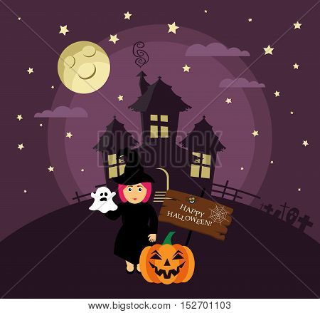 Poster, banner or background for Halloween Party night with haunted house. Witch, pumpkin, moon and stars. Modern flat design.