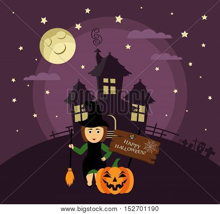 Poster, banner or background for Halloween Party night with haunted house. Witch with broom, pumpkin, moon and stars. Modern flat design.