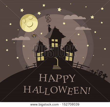 Poster, banner or background for Halloween Party night with haunted house. Moon and stars. Modern flat design.
