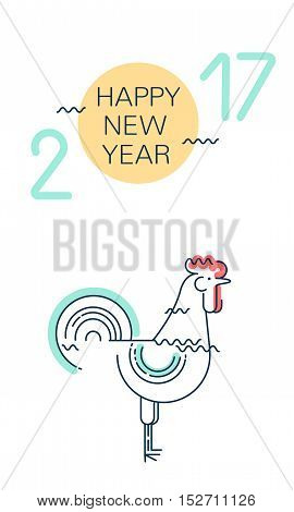 Happy New Year greeting card with rooster. 2017. Flat line vector illustration