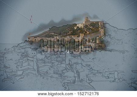 Capdepera castle on green hill in Mallorca island, Spain. Vintage painting, background illustration, beautiful picture, travel texture
