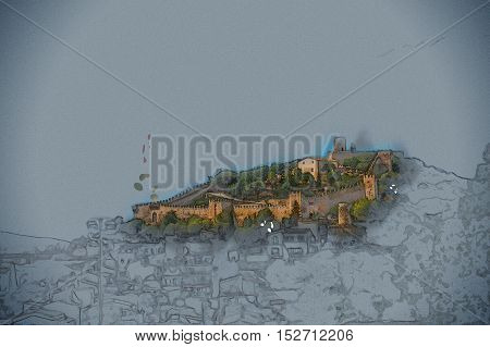 Capdepera castle on green hill in Mallorca island, Spain. Vintage painting, background illustration, beautiful picture, travel texture