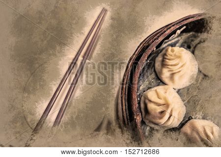 Traditional chinese food, steamed dumpling served on table in a wooden dish and with wooden chopsticks. Vintage painting, background illustration, beautiful picture, travel texture
