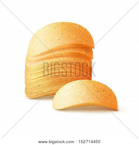 Vector  Stack of  Potato Crispy Chips Close up Isolated on White Background