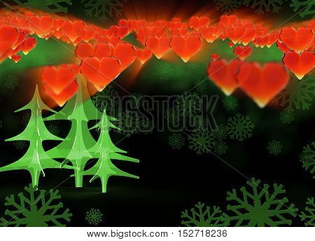 group of glass Christmas fir tree isolated on black background with showflakes and red hearts . Happy new year postcard design print 3d illustration concept.