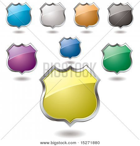 Collection of eight different colored shield with drop shadow