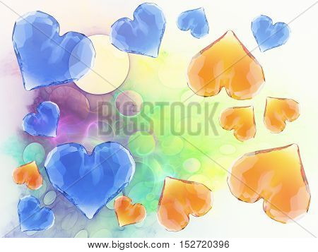 Red and blude gem hearts isolated on bright abstract background. Geometric rumpled triangular low poly style graphic 3d render illustration. Raster polygonal design for your business.
