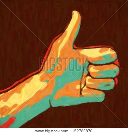 abstract art painted hand showing thumbs up symbol on dark background illustration.