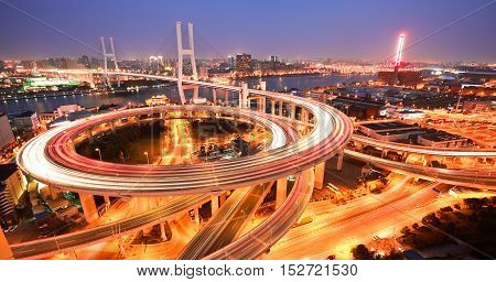 Bird View At Asia's Largest Across The Rivers In A Spiral Bridge At Night