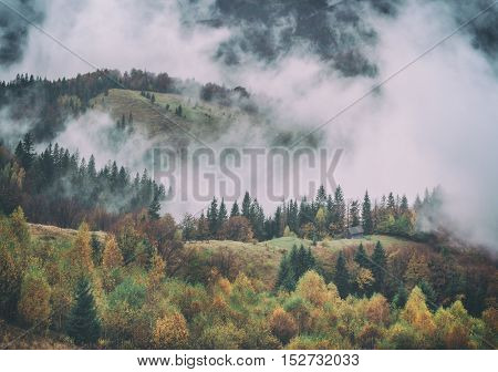 willage in autumn mountain, toned like Instagram filter