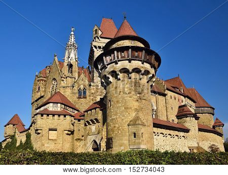 Beautiful medieval Kreuzenstein castle in Leobendorf village. Near Vienna Austria - Europe. Autumn day.