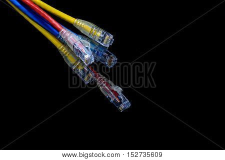 Close up UTP cables patch cord isolated on black background
