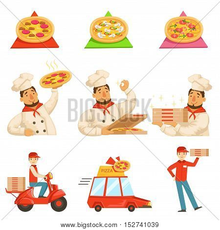 Pizza Delievery Fast Service Process Info Illustration. . Set Of Vector Illustrations In Simple Style Demonstrating Steps Of Food Home Delivery Service.