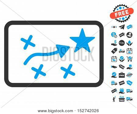 Route Plan pictograph with free bonus design elements. Vector illustration style is flat iconic symbols, blue and gray colors, white background.