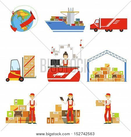 Logistics And Delivery Process And Managers Set. Bright Color Simple Flat Illustrations Isolated On White Background.