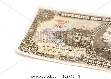 5 Brasilian cruzeiro banknote isolated on white