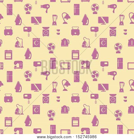 Seamless pattern of household appliances. Washing machine stove fridge lamp kettle hairdryer mixer coffee machine weigher fan monitor microwave vacuum cleaner and toaster