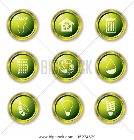 Environmental Buttons in green with metal gold rims and drop shadow