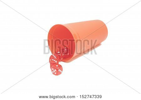 Red dice cup with five red winning dice