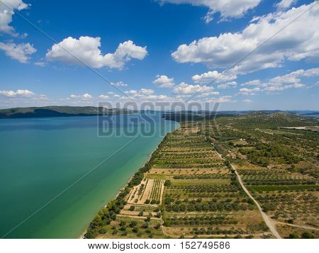 Vransko lake and landscape aerial view, Dalmatia, Croatia